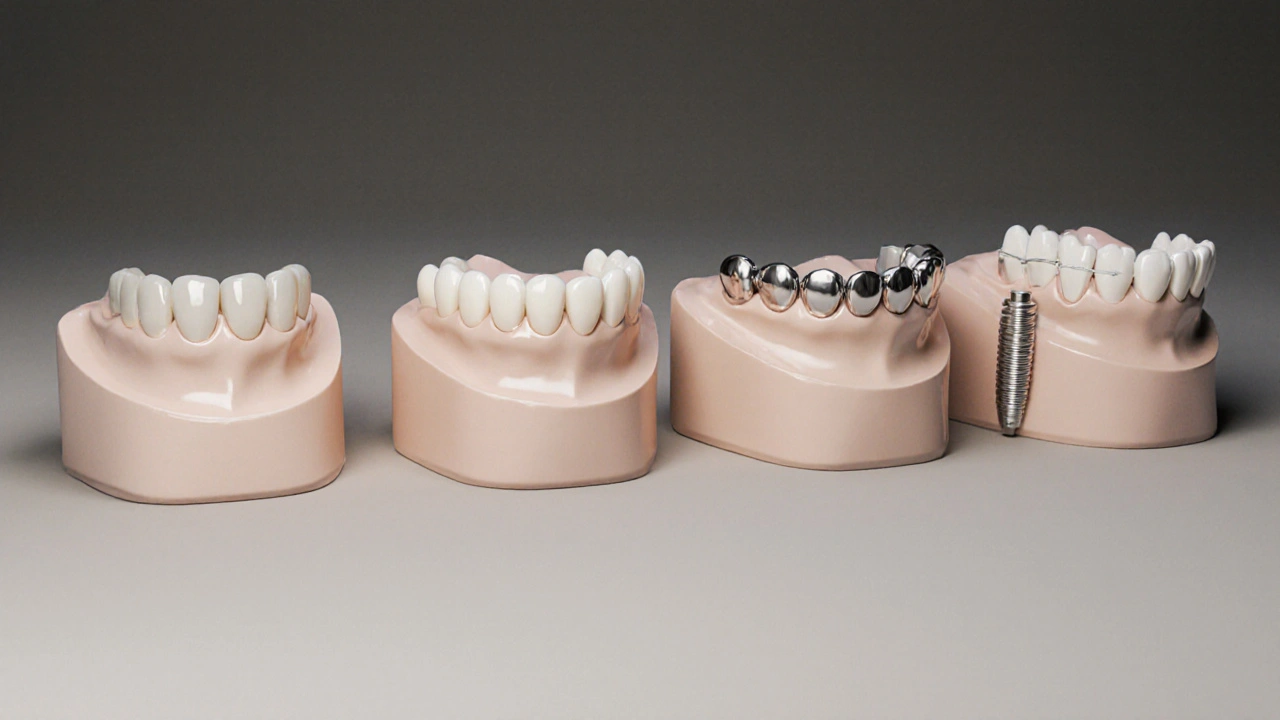 Čtyři modely zubních mostů – klasický, cantilever, Maryland a implantátový – vedle sebe.