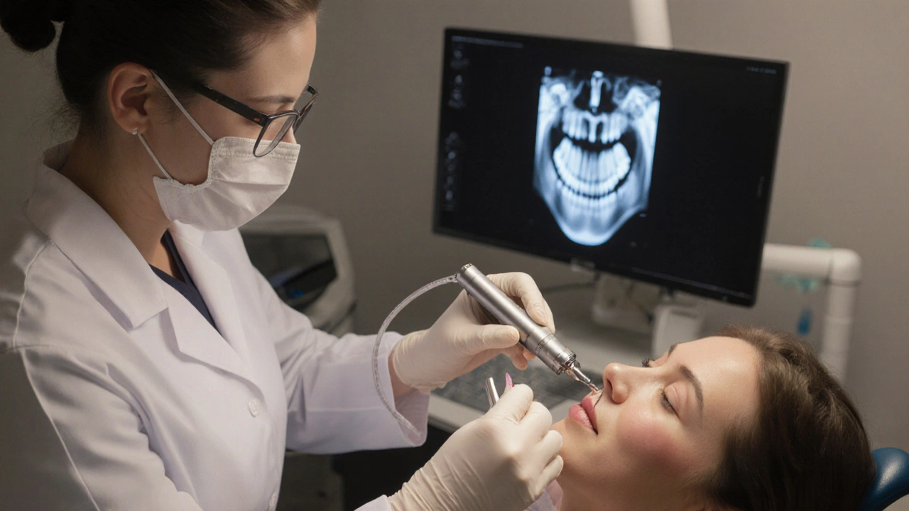 Dentista kontroluje fazetu ultrazvukovým scalerem a zobrazuje rentgen.