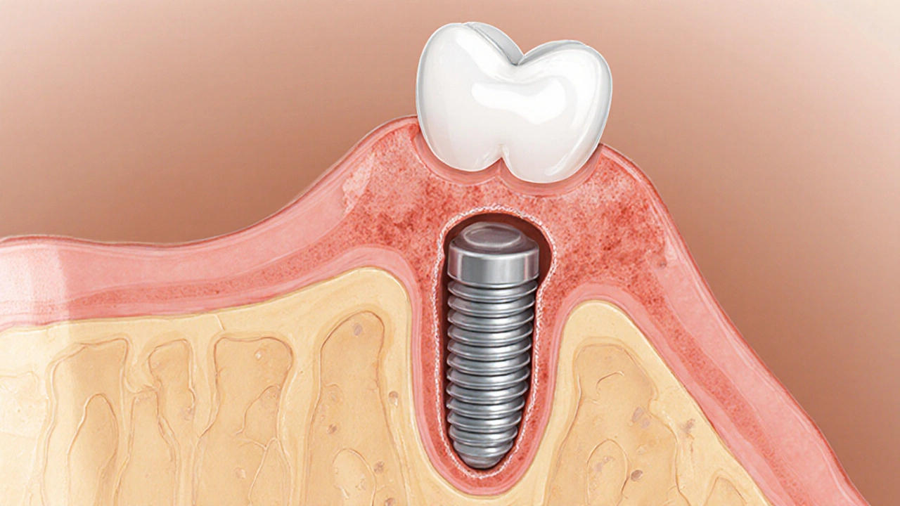 Příčný řez čelistí s implantátem a známkami resorpce kosti.