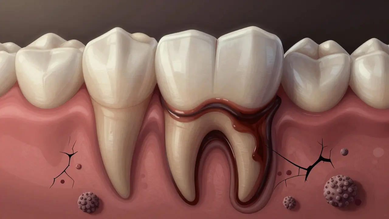 Cross-section of a tooth showing hidden decay spreading under a veneer, with micro-cracks and bacteria.