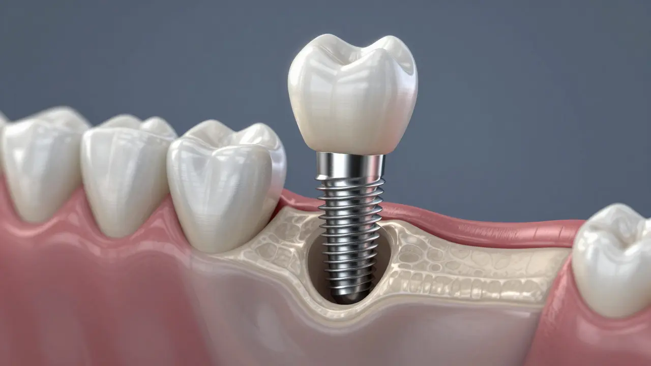 Křížový řez jehly implantátu v čelisti s integrací do kosti.