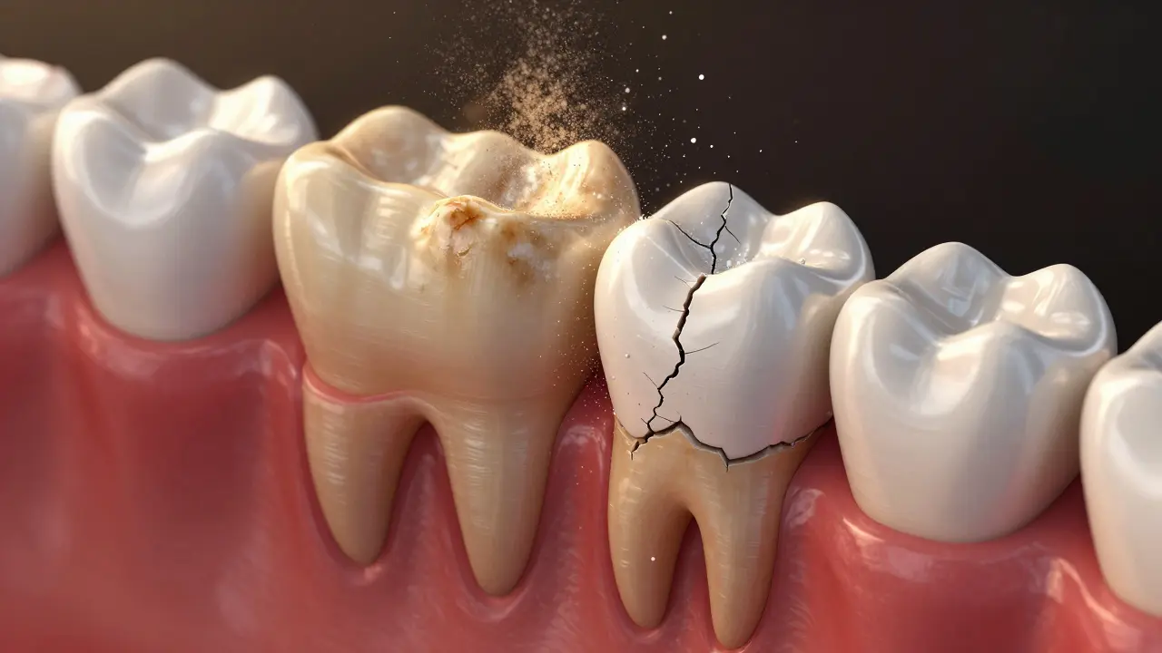 Příčný řez zubem s odstraňováním skvrn a obnovou emailu fluoridem a hydroxyapatitem.