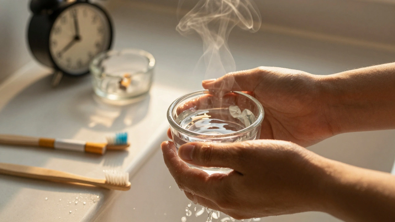 Ruka pláchnoucí solným roztokem, v pozadí odhozená cigareta a nevyužitý zubní kartáček, znázorňující obnovu.