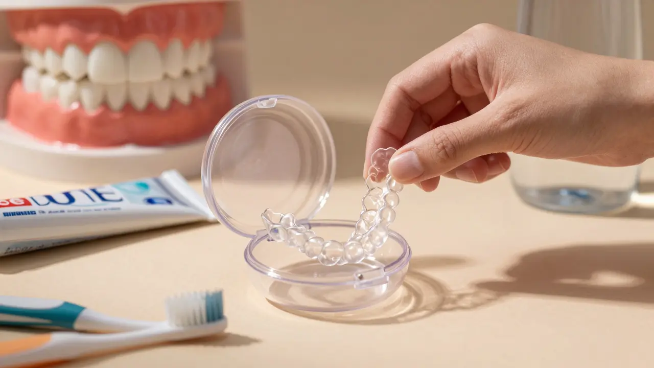 Ruka ukládá průhledné rovnátka do krabičky vedle kartáčku a zubní pasty.