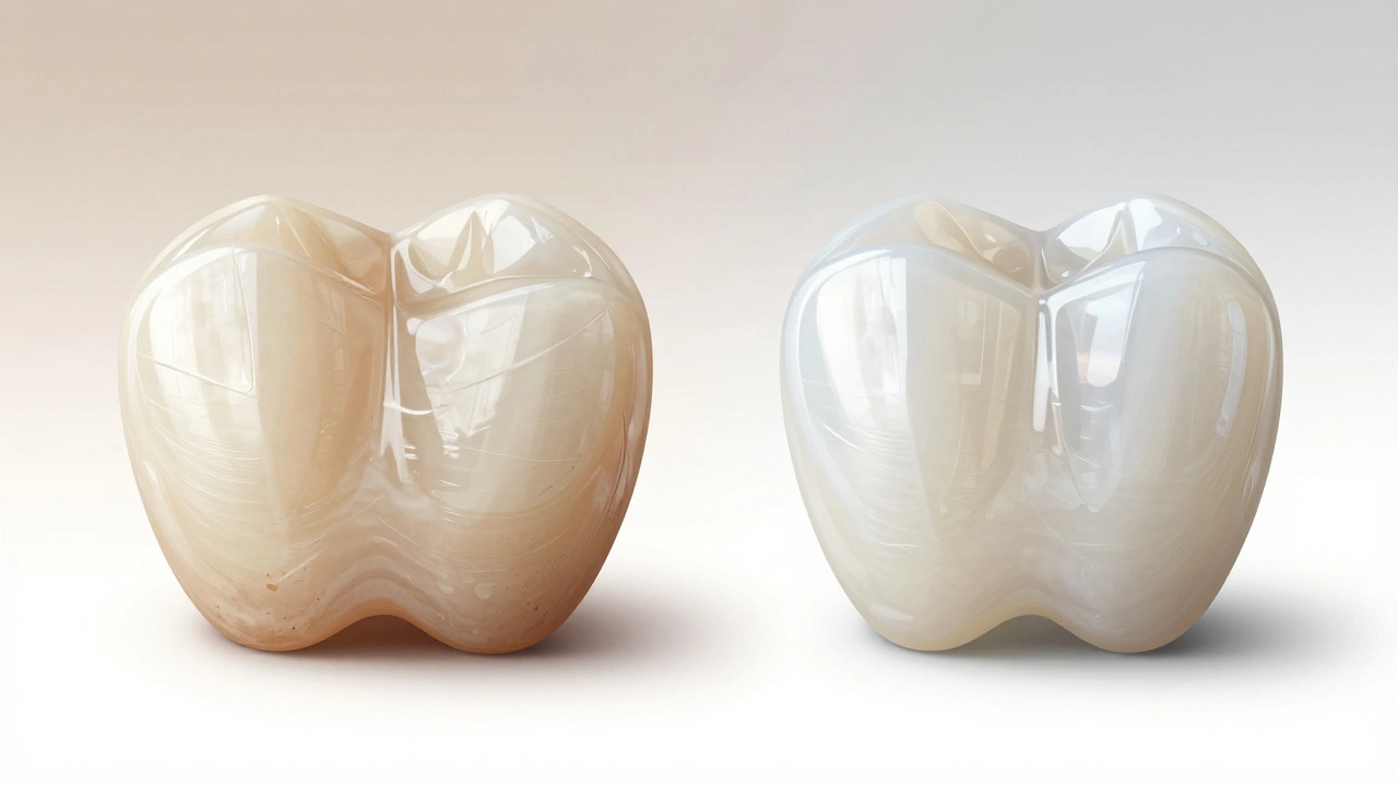 Side-by-side comparison of composite and porcelain dental veneers.