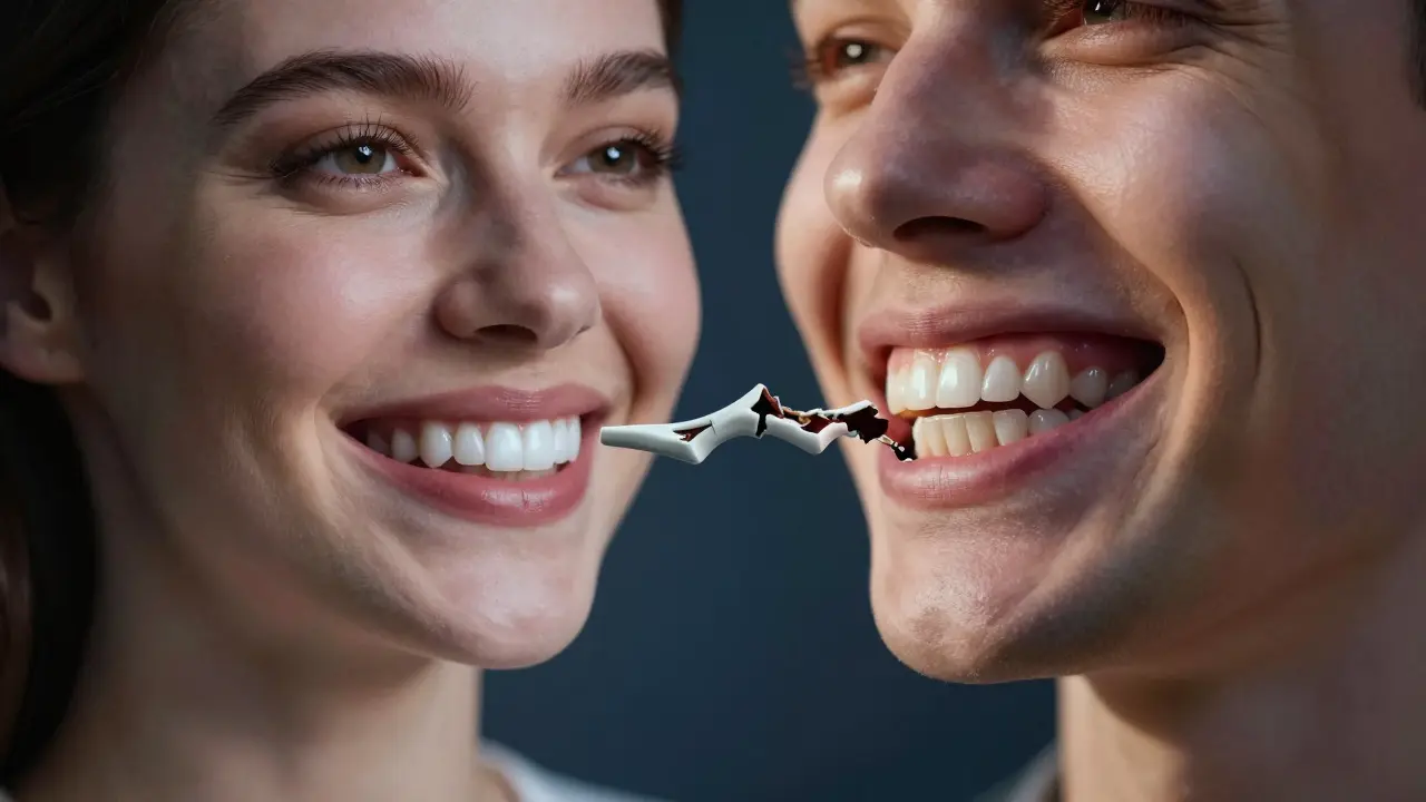 Split portrait: one side perfect veneer smile, other side damaged natural teeth with exposed nerve.