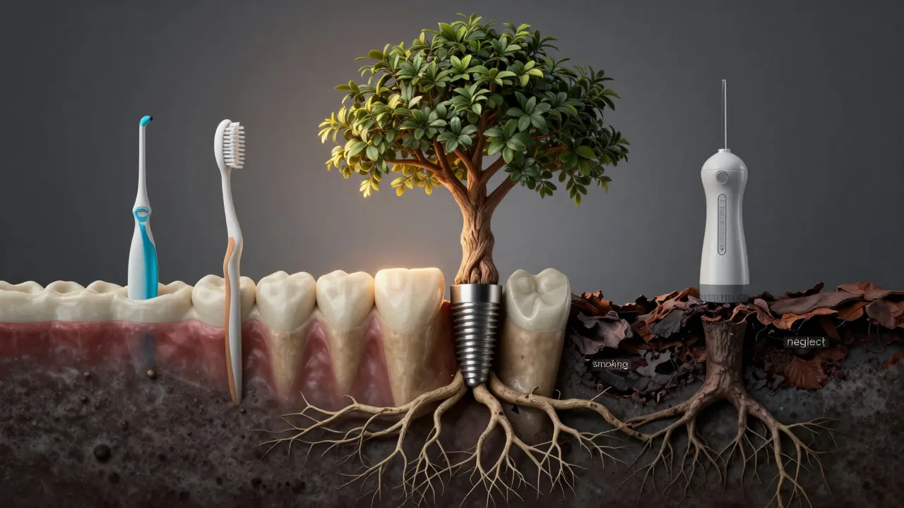Symbolický obraz implantátu jako stromu s kořeny z dobré hygieny a ničivými faktory.