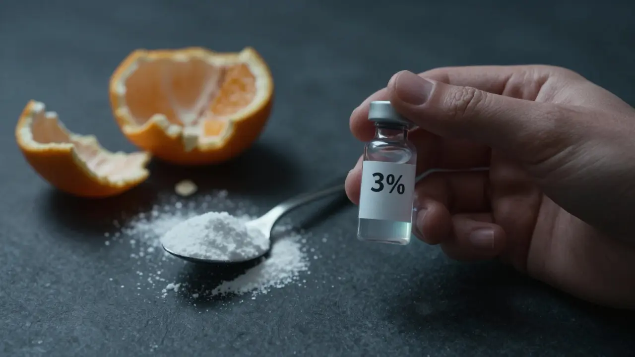Peroxid vodíku a sůdovka vedle rozbité skloviny a citronu.