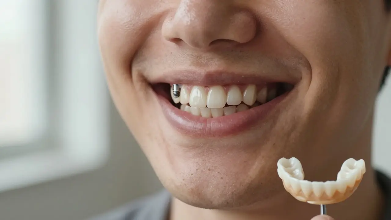 Tři druhy náhrad za zub: implantát, most a protéza v úsměvu.