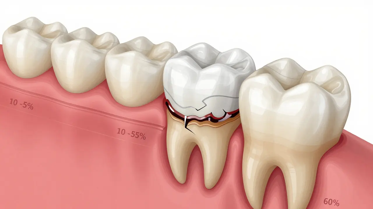 Cross-section of a tooth showing Caspary's strip versus old amalgam filling and crown preparation.