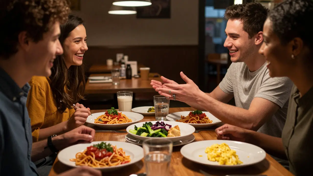 Kamarádi spolu jedí měkká jídla v restauraci, zatímco jedna osoba má rovnátka.
