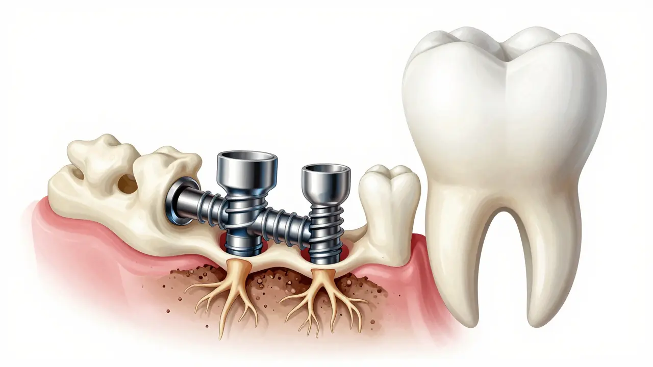 Kost čelisti s titanovým implantátem, kolem nějž roste kostní tkáň jako kořeny.