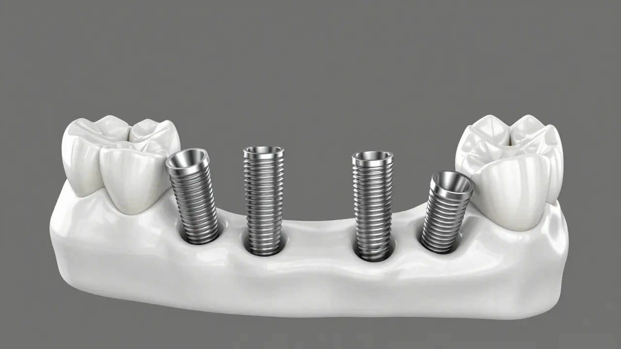 3D ilustrace čtyř dentálních implantátů v čelisti metoda All-on-4.