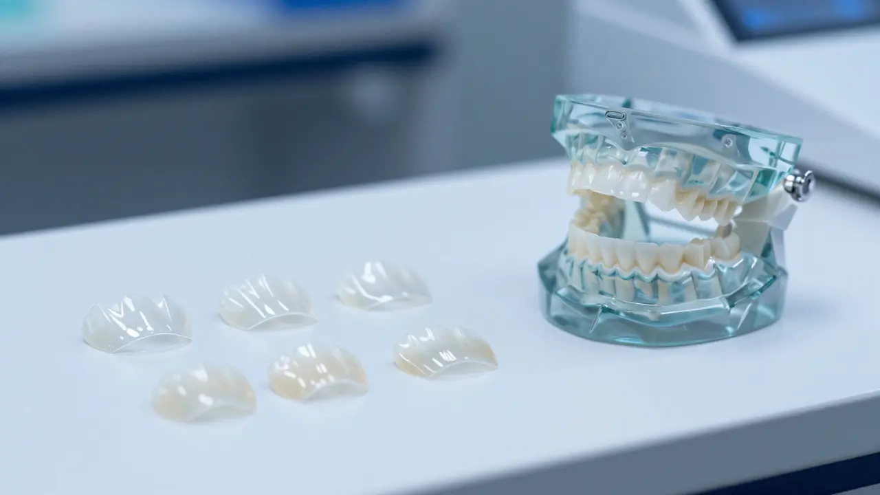 Detail keramických zubních fazet a digitálního modelu čelistí v laboratoři.