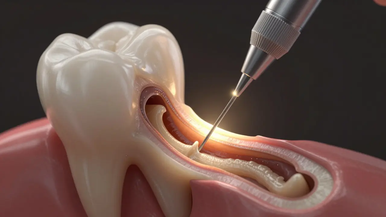 Detailní průřez zubového kořene při odstraňování staré výplně kanálku