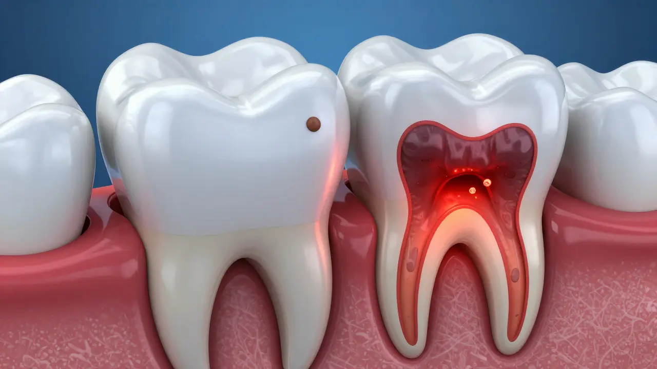 Kresba průřezu zubu znázornující šíření kazu z povrchu do hloubky dentinu.