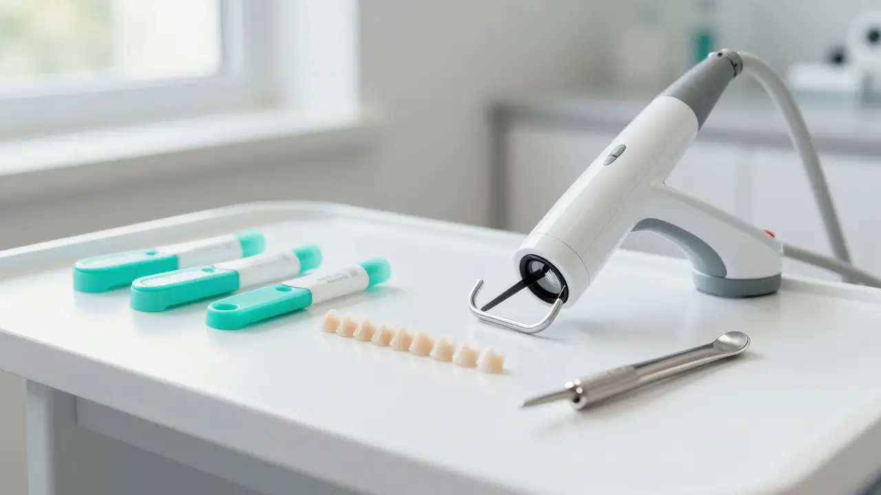 Profesionální pomůcky pro estetickou plombování zubů v čistém prostředí ordinace.