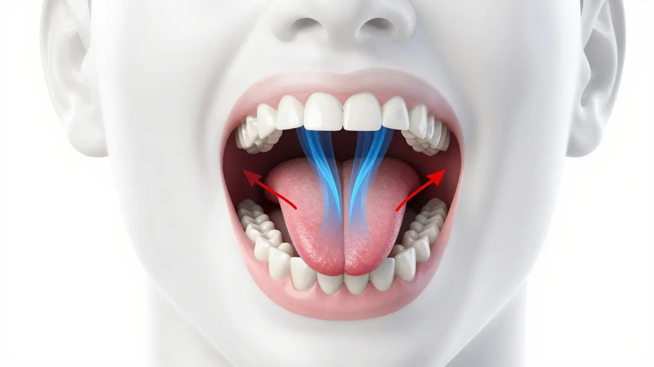 Anatomický průřez ústní dutinou ukazující proudění vzduchu při mluvení