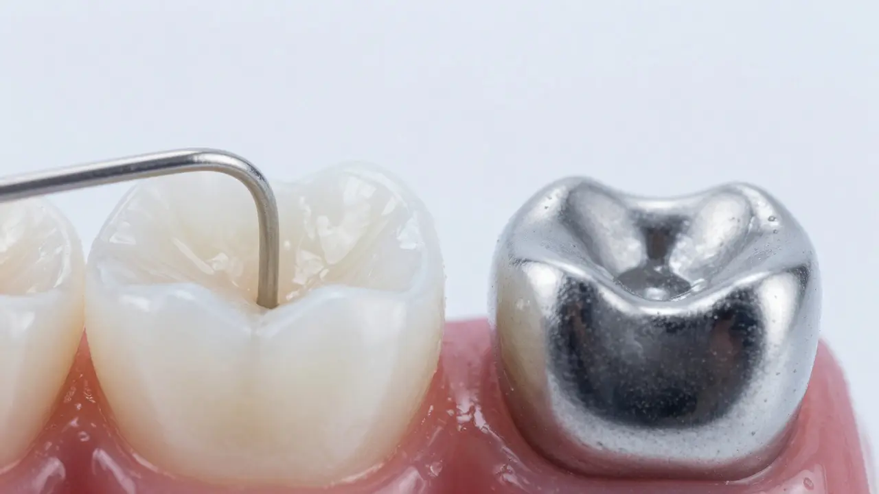Detailní pohled na keramické brackety a kovový drát na zubě