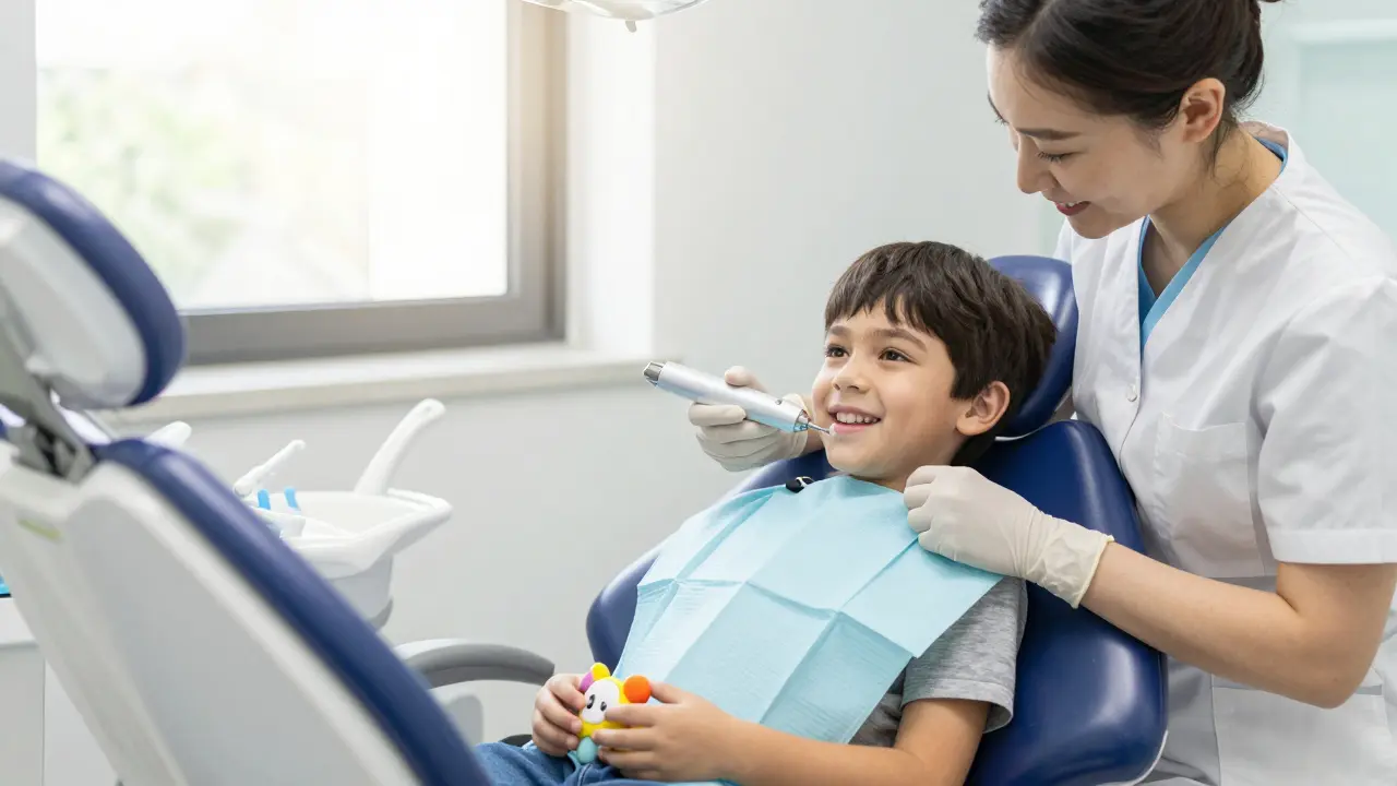 Dítě se usmívá při profesionálním čištění zubů u hygienistky