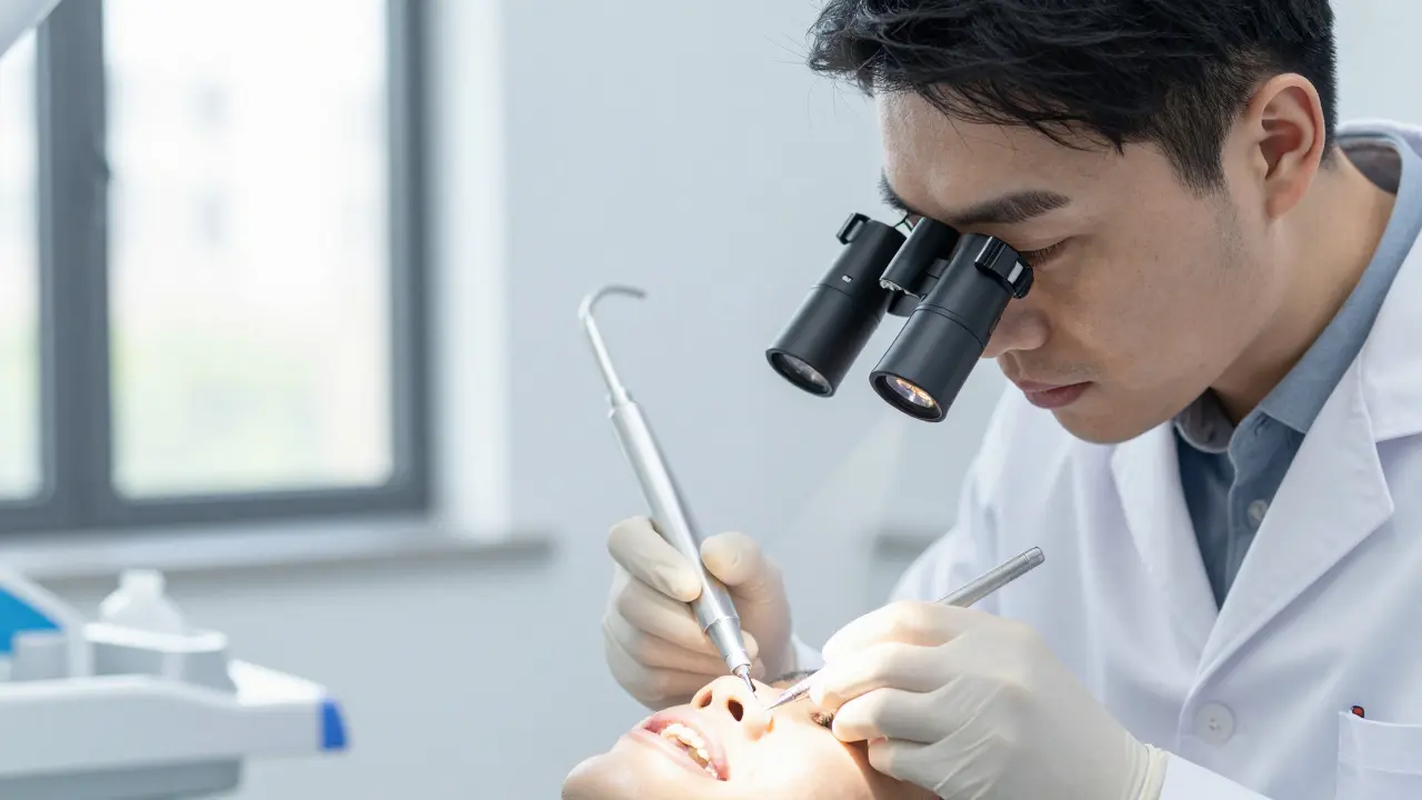 Stomatolog diagnostikuje prasklý zub pomocí světla