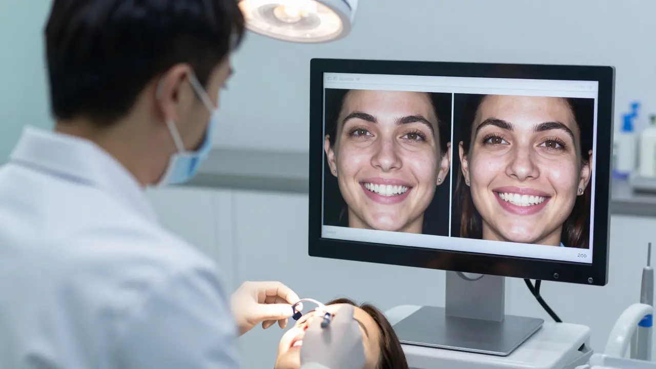 Zubní lékař při estetické konzultaci s digitální simulací