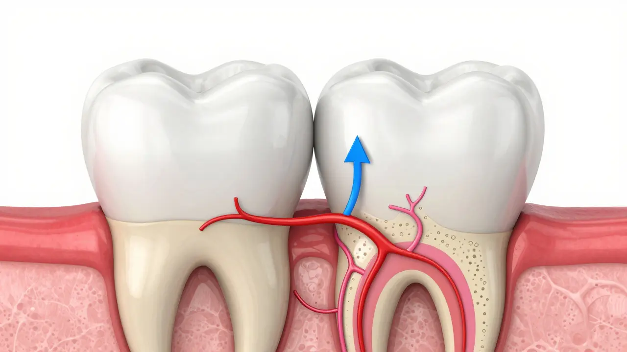 Anatomie zubu ukazující sklovinu, dentin a nerv
