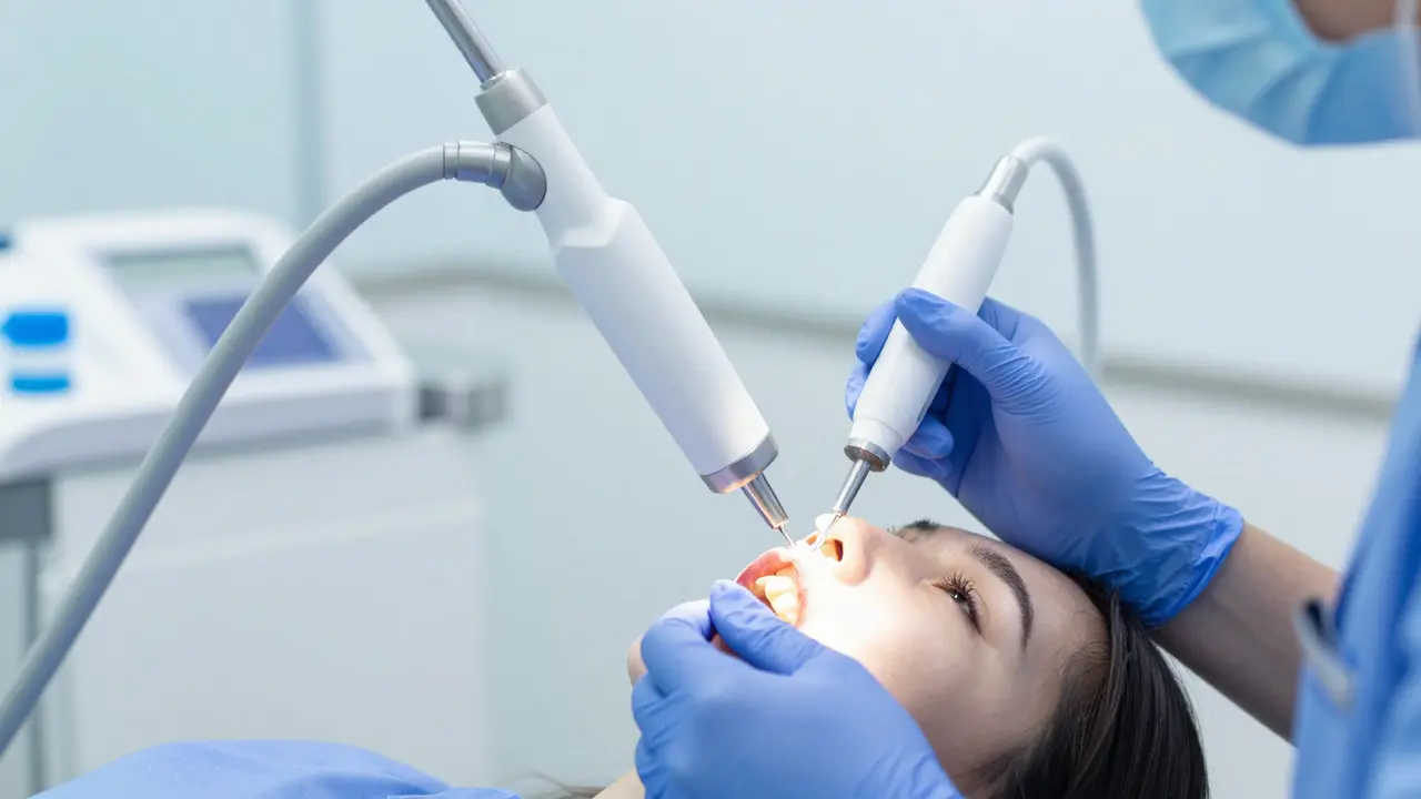 Dentista provádí ošetření Icon na zubu
