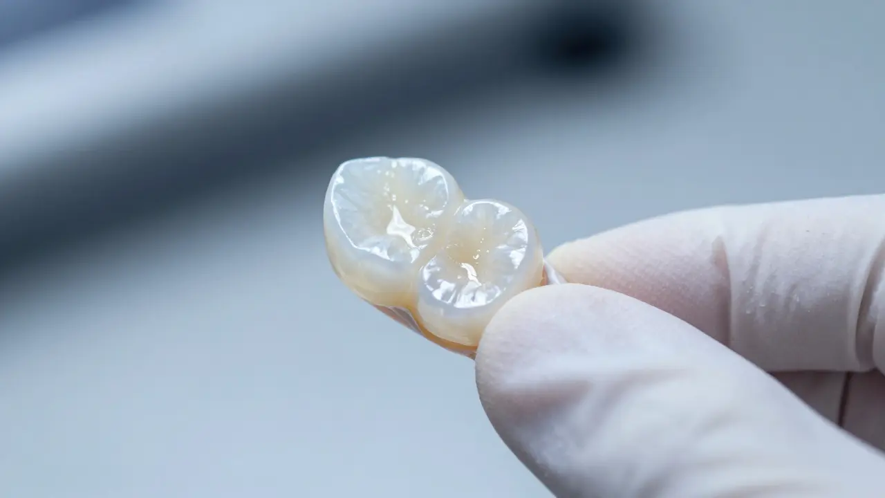 Makro záběr tenké keramické fazety ukazující její průsvitnost a lesk