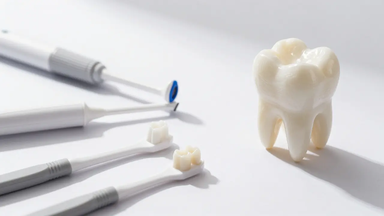 Nástroje pro hygienu kolem implantátů: mezizubní kartáčky a zubařský model