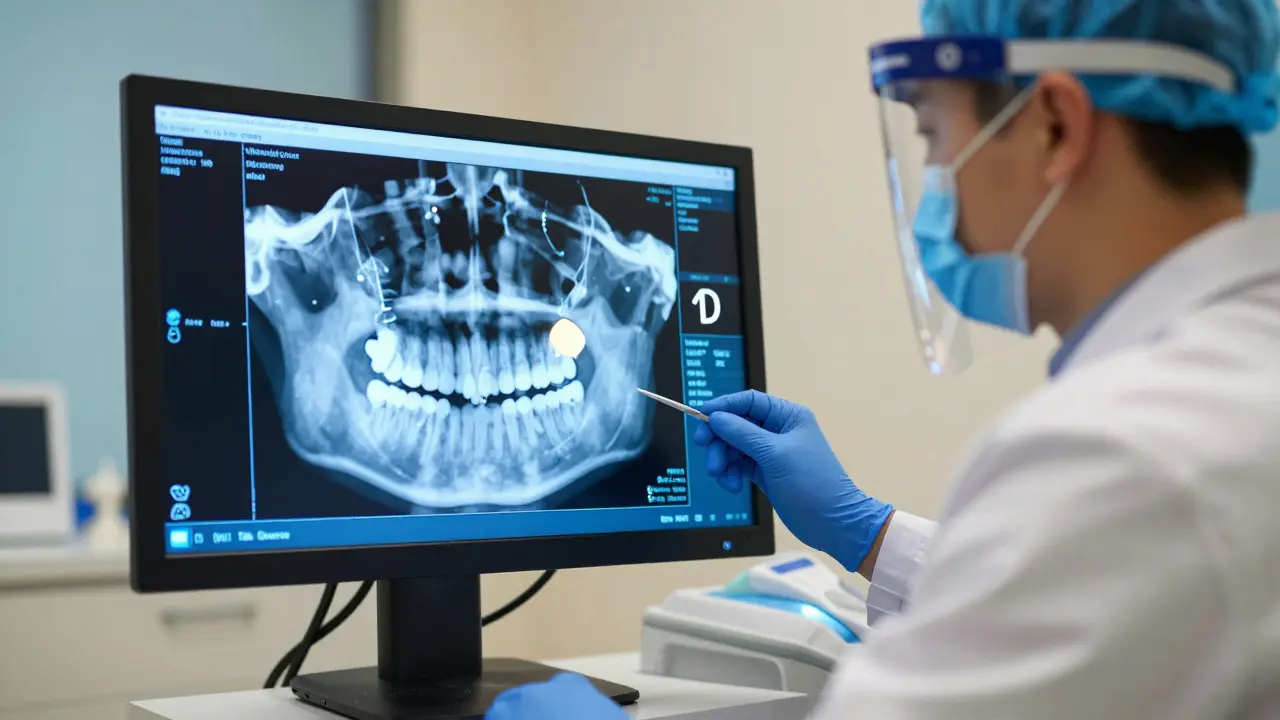 Zubní lékař analyzuje 3D CT sken čelisti pro plánování implantace