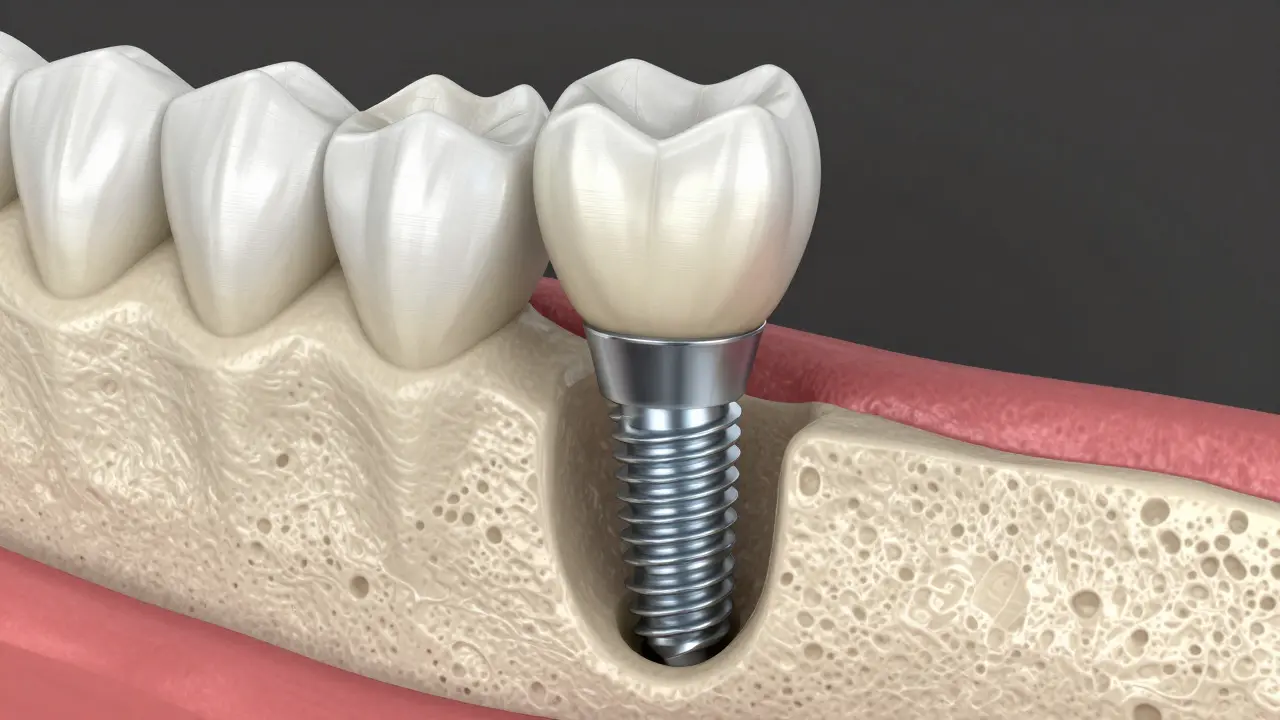 3D vizualizace zubního implantátu ukotveného v čelistní kosti