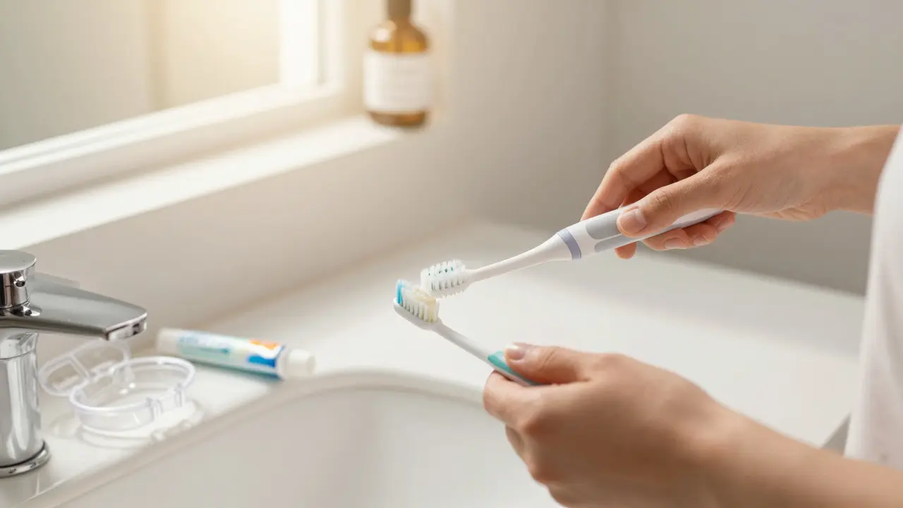 Člověk čistící zuby s chráničem a fluoridem na stole