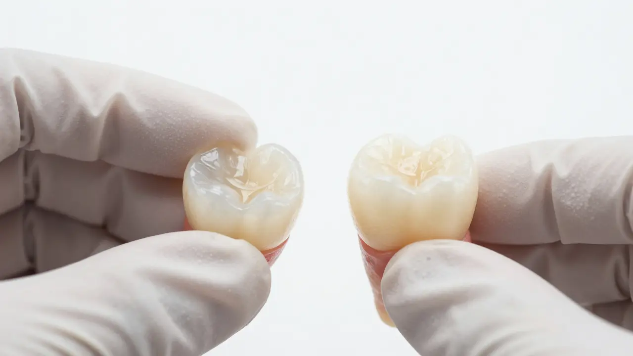 Porcelánová faceta vedle modelu zubu ukazující tenkost materiálu