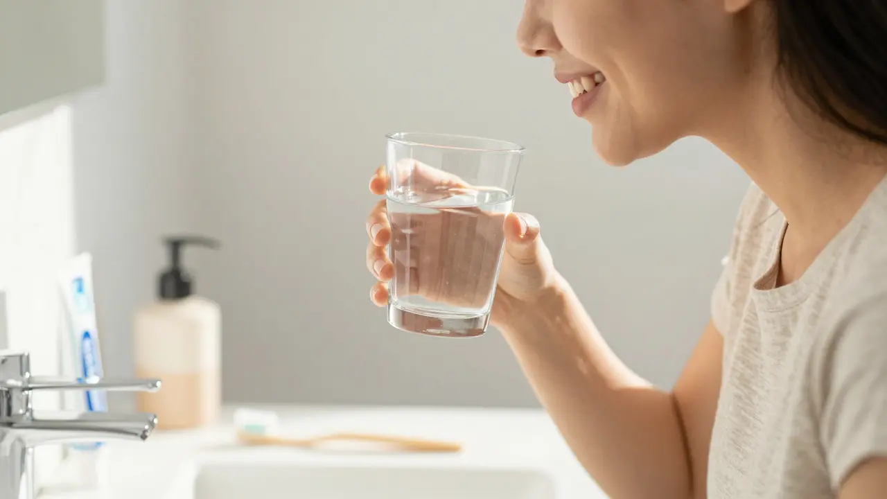 Úsměv osoby pijící vodu s hygienickými pomůckami v popředí
