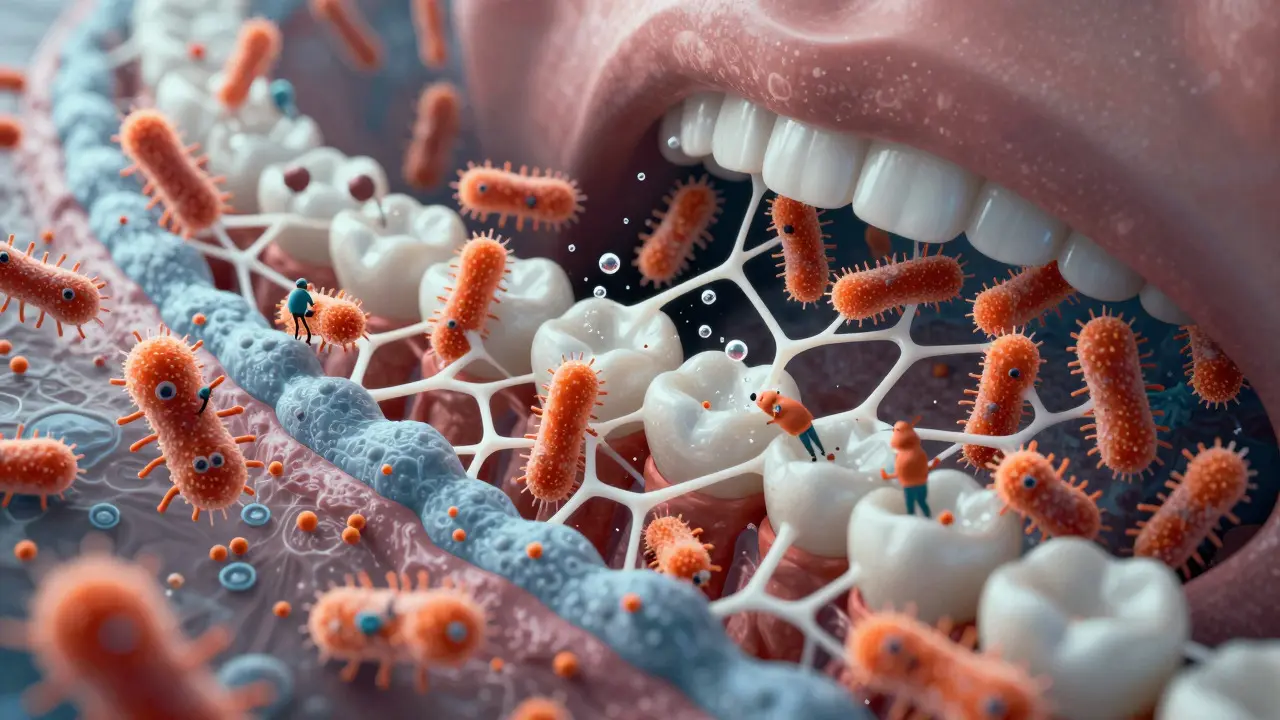 Konceptuální ilustrace bakterií tvořících biofilm na povrchu zubů.