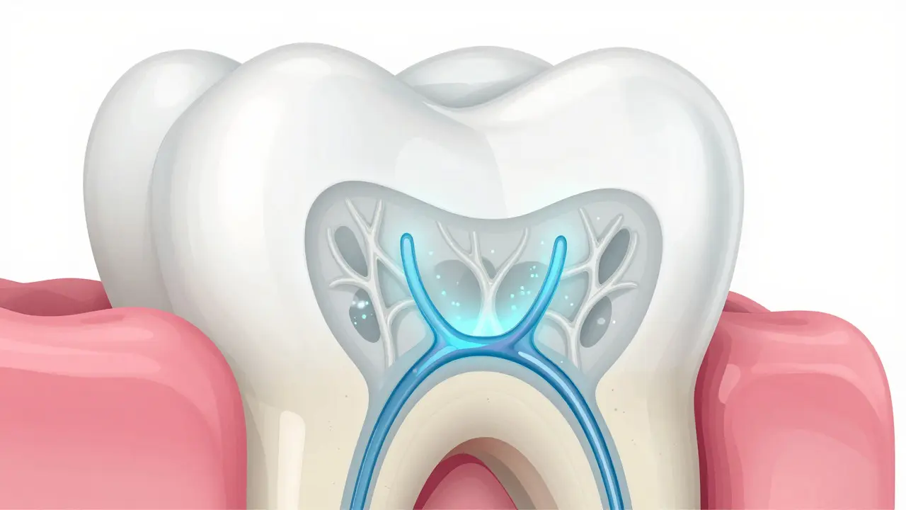 Makro pohled na strukturu zubu a pronikání bělicích látek do dentinu