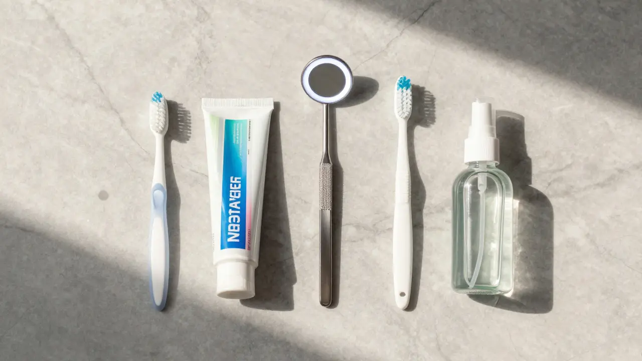 Sada zubní hygieny včetně dentálního zrcátka na mramorové desce