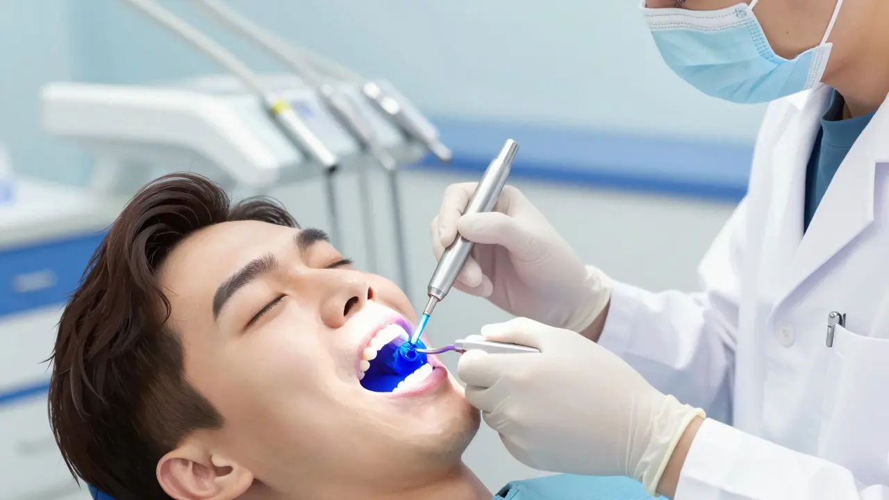 Stomatolog provádí diagnostiku trhliny pomocí barviva