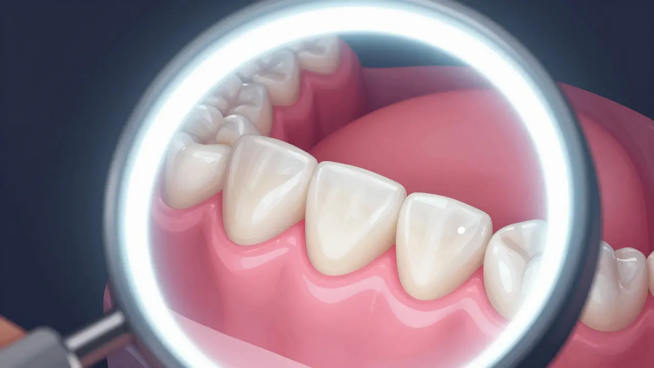 Zvětšený pohled do zadních zubů pomocí dentálního zrcátka s LED světlem