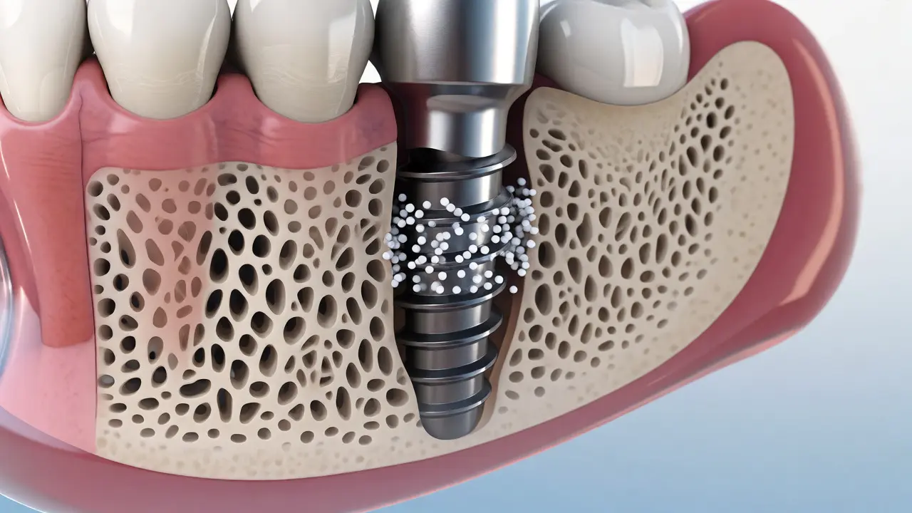 3D vizualizace titanového implantátu srůstajícího s čelistní kostí