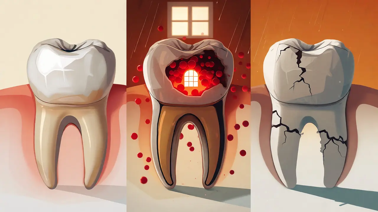 Ilustrace postupu kazu do zubu bez ochranné výplně