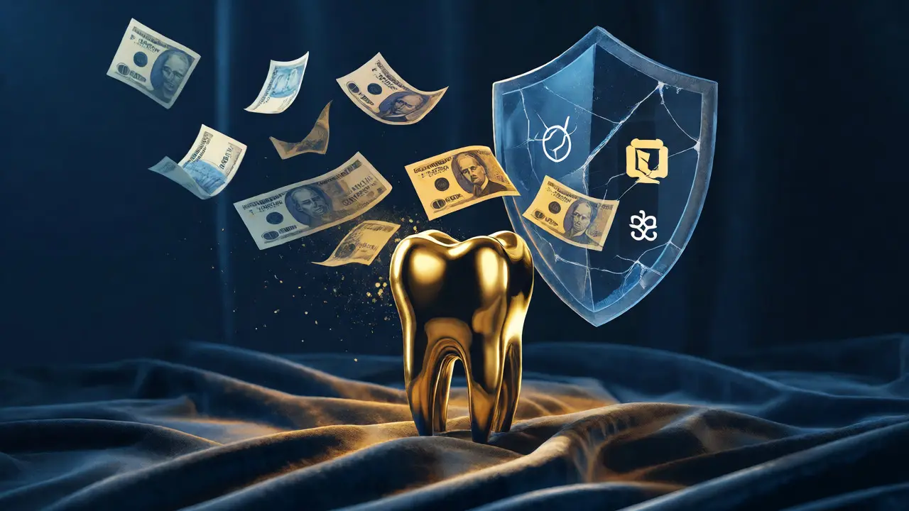 Konceptuální ilustrace zlatého zubu a mizejících korun jako symbol nákladů na implantáty.