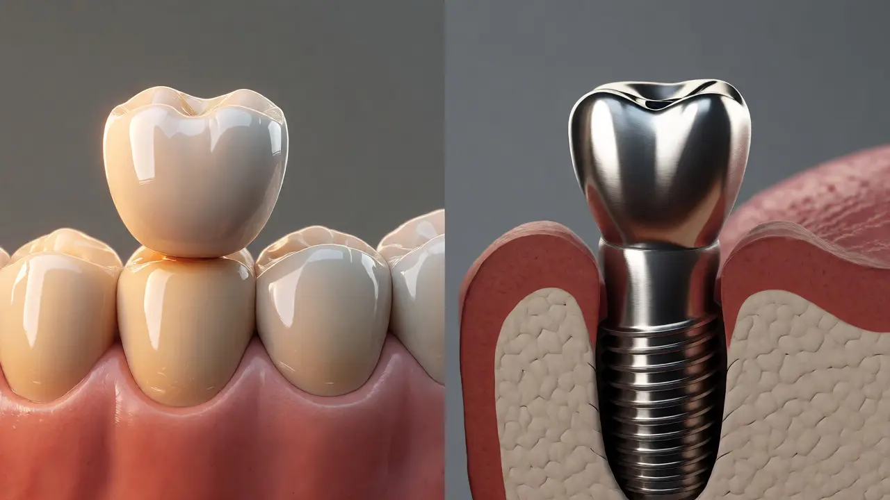 Konceptuální porovnání nalepovacího můstku a zubního implantátu v kosti.