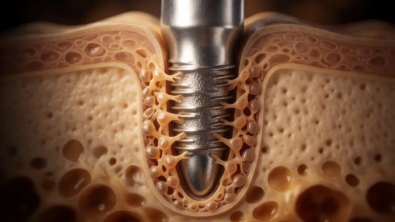 Konceptuální znázornění srůstání kosti s povrchem zubního implantátu