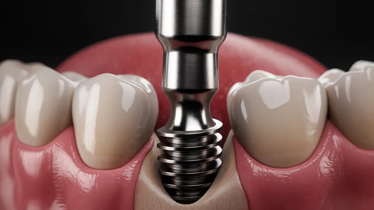 Titanový zubní implantát je zavrtáván přímo do čelistní kosti při zákroku.