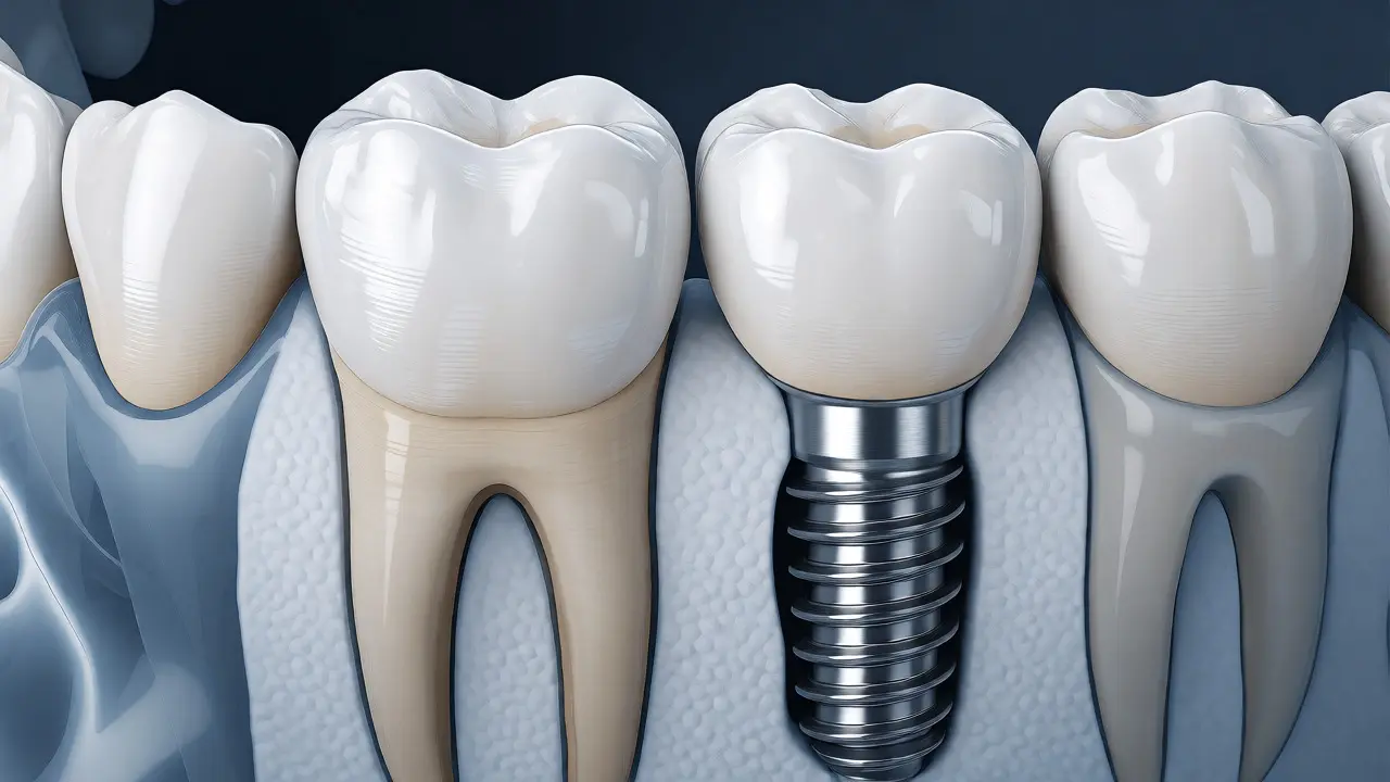 Anatomické srovnání přirozeného zubu s keramickou korunou a titanového implantátu v kosti.