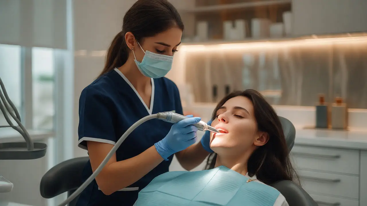 Dentální hygienistka provádí čištění zubů ultrazvukem