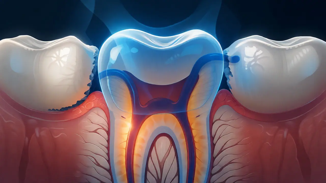 Ilustrace citlivého zubu s odhalenými tubuly v dentinu