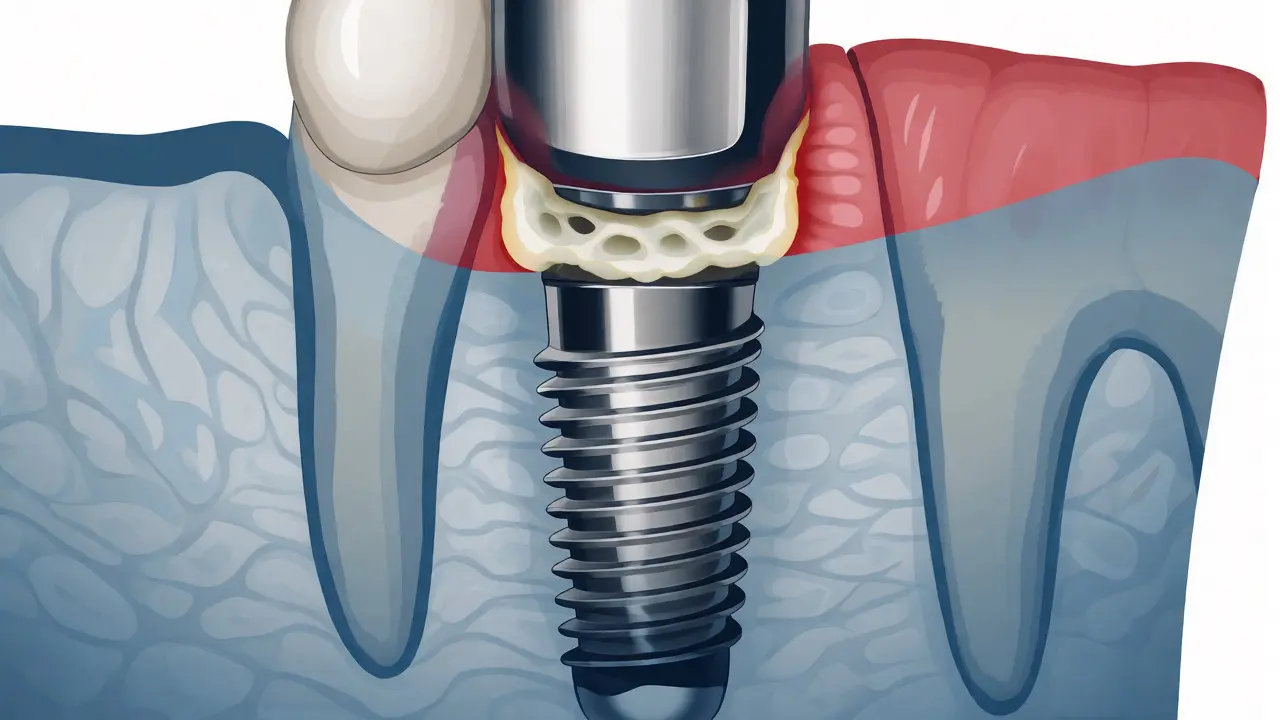 Ilustrace zánětu tkání kolem zubního implantátu (periimplantitida)